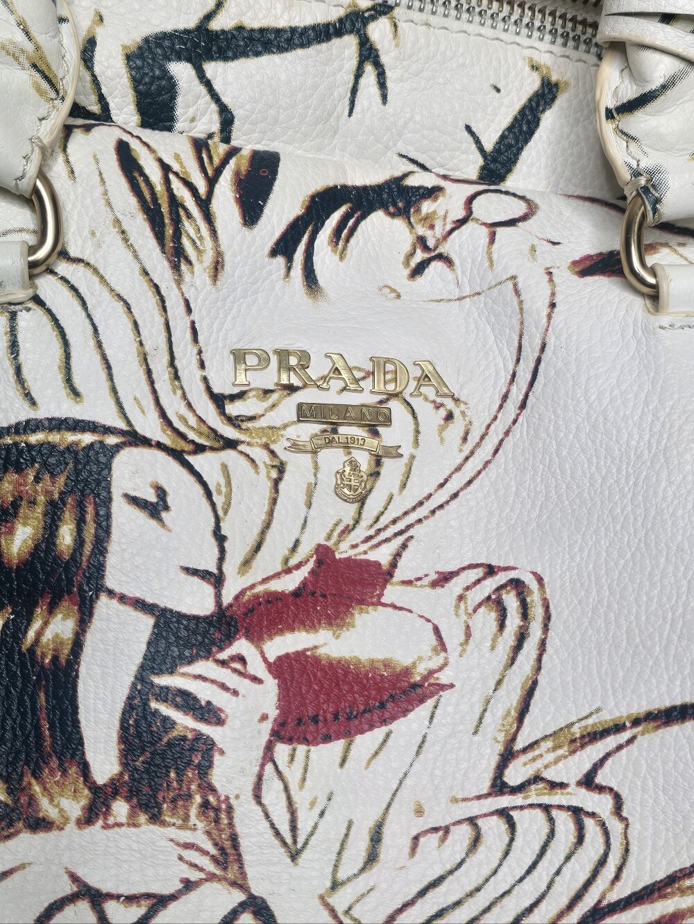 PRADA White Floral-Print Leather Shoulder Bag with Gold Logo